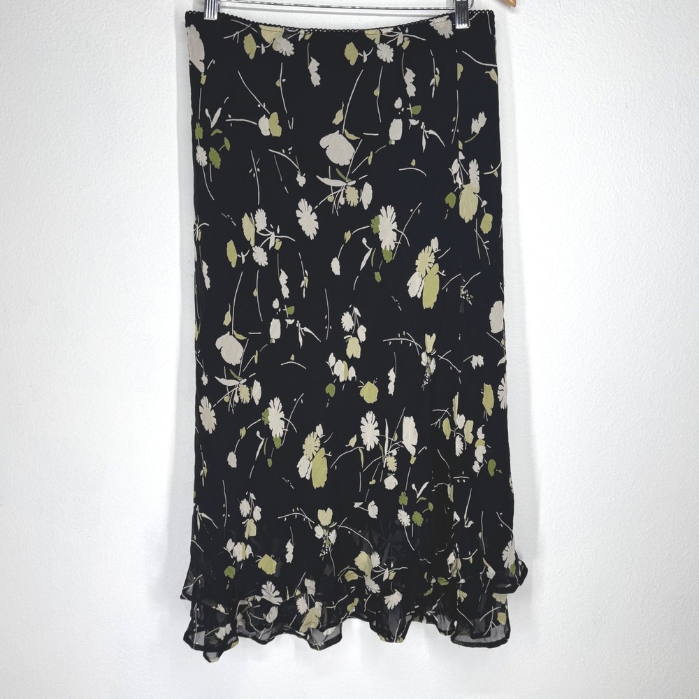 Womens Dark Floral Ruffle Rayon Midi Slip Skirt 14 P Boho Whimsigoth Layered